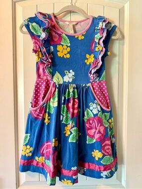 Matilda Jane Bright Blue Floral Ruffle Dress with Pink Accents